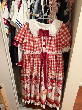 Lolita kawaii Red Gingham Midi Dress with Strawberries and White Collar